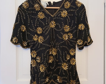 Vintage 70s 80s Women's Stenay Evening Blouse Stunning Sheer Lined Silk Black Gold Floral Beaded Short Sleeve Zip Scalloped Edge S India