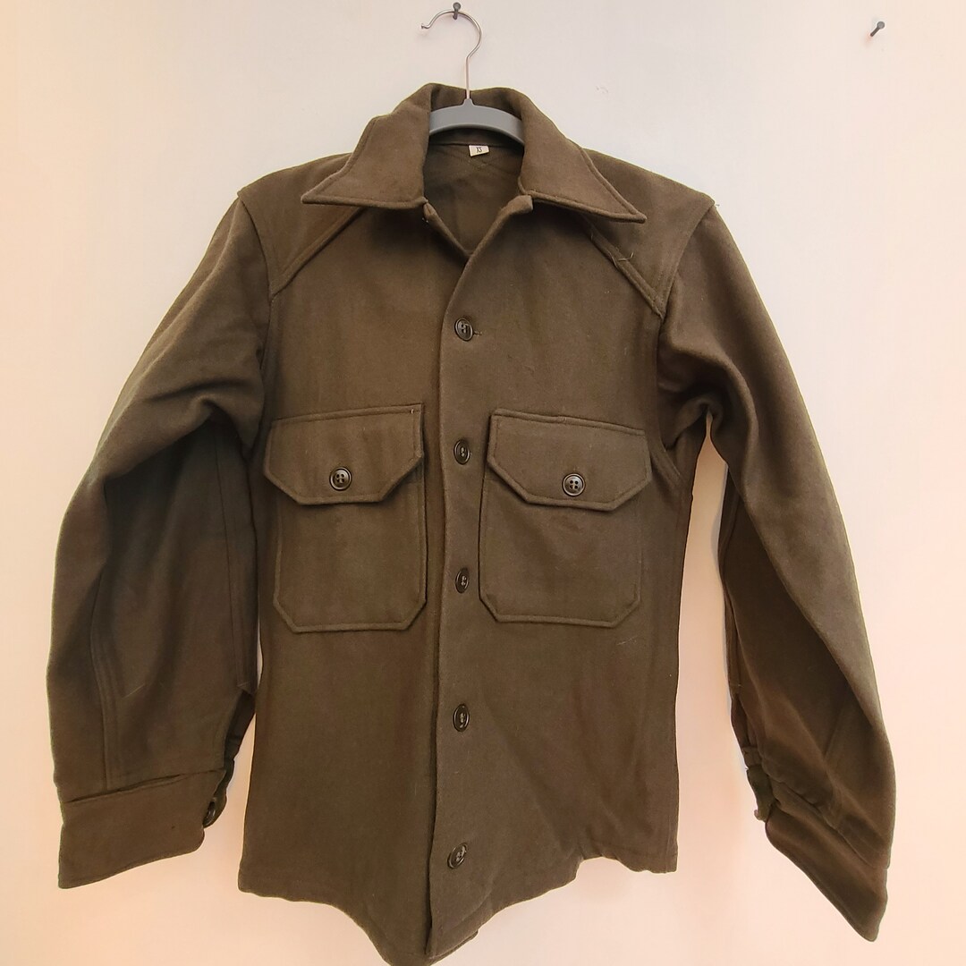 Vintage Mens XS Olive Green Military Shirt Jacket Wool Olive Green