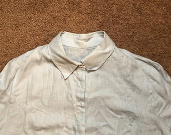 Vintage jaren 90 merkloze damesblouse met knoopsluiting M blauw 100% linnen effen knoopsluiting met korte mouwen en kraag