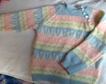 Vintage Knit UNISEX Baby Sweater With White Buttons Blue Pink White Design