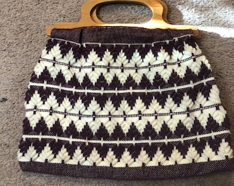 Vintage 70s Womans Handbag Tote Purse Maroon White Wool Fair Isle Cheveron Top Handle Wooden Handles Lined Handmade