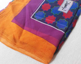 VINTAGE YSL Yves Saint Laurent Sheer Graphic Scarf Square Blue Red Purple Yellow