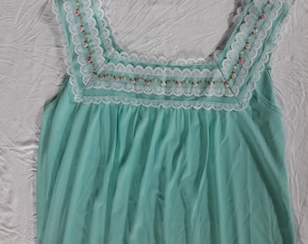 VINTAGE Katz Sleeveless Embroidered Blue Nightgown Long Gown Lace Edging Small
