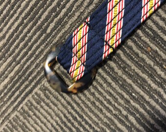 Vintage J.Crew Womans Belt M/L Diagonal Stripes Silk Belt Faux Tortoise Buckle Blue Res White Gold