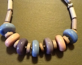 Vintage Pastel Beaded Necklace JAPAN Ceramic Beads in Blue, Purple Pink