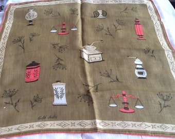 Vintage FAITH AUSTIN Hankerchief Faith Austin Hankie Cotton Apothocary Theme Tan and Pink