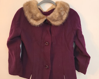 Vintage 50s Women’s Purple Button Up Blazer Jacket Fur Collar Lined Top No Tags Estimated Size Medium