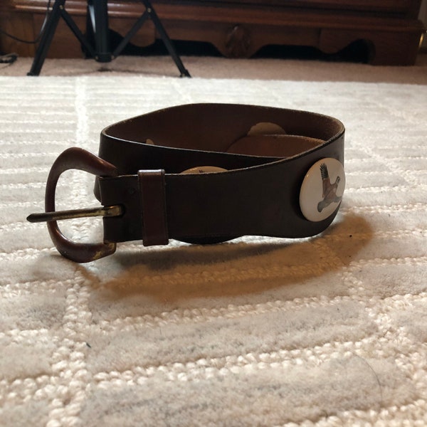 Vintage 60s Woman’s Calderon Belt Brown Leather Hand Made Brass Buckle Porcelain Birds Oval Medallions