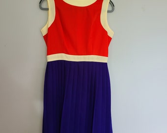 Vintage 70s Womens Dress Colorblock Pleated Skirt Purple Orange Cream SleevelessTop Zipper Closure Size 15/16 USA