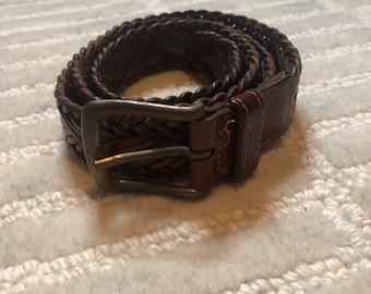 Vintage Woven Leather Belt: Solid Brass Buckle, Made in  display picture 1