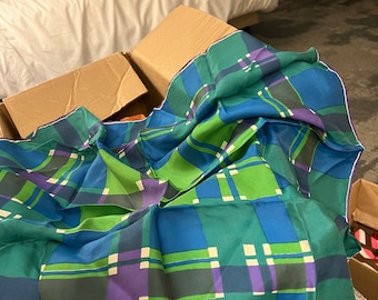 VINTAGE Vera Scarf Vera Neumann Scarf Plaid Scarf Green Teal Blue White Purple Square Silk Handrolled Edges