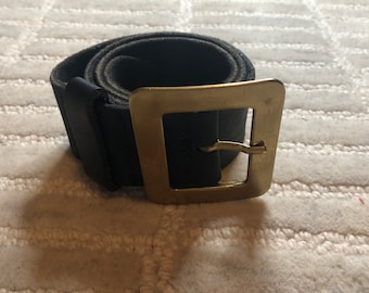 Vintage Womans Belt Black Leather Extra Latge Solid Brass Buckle Italy