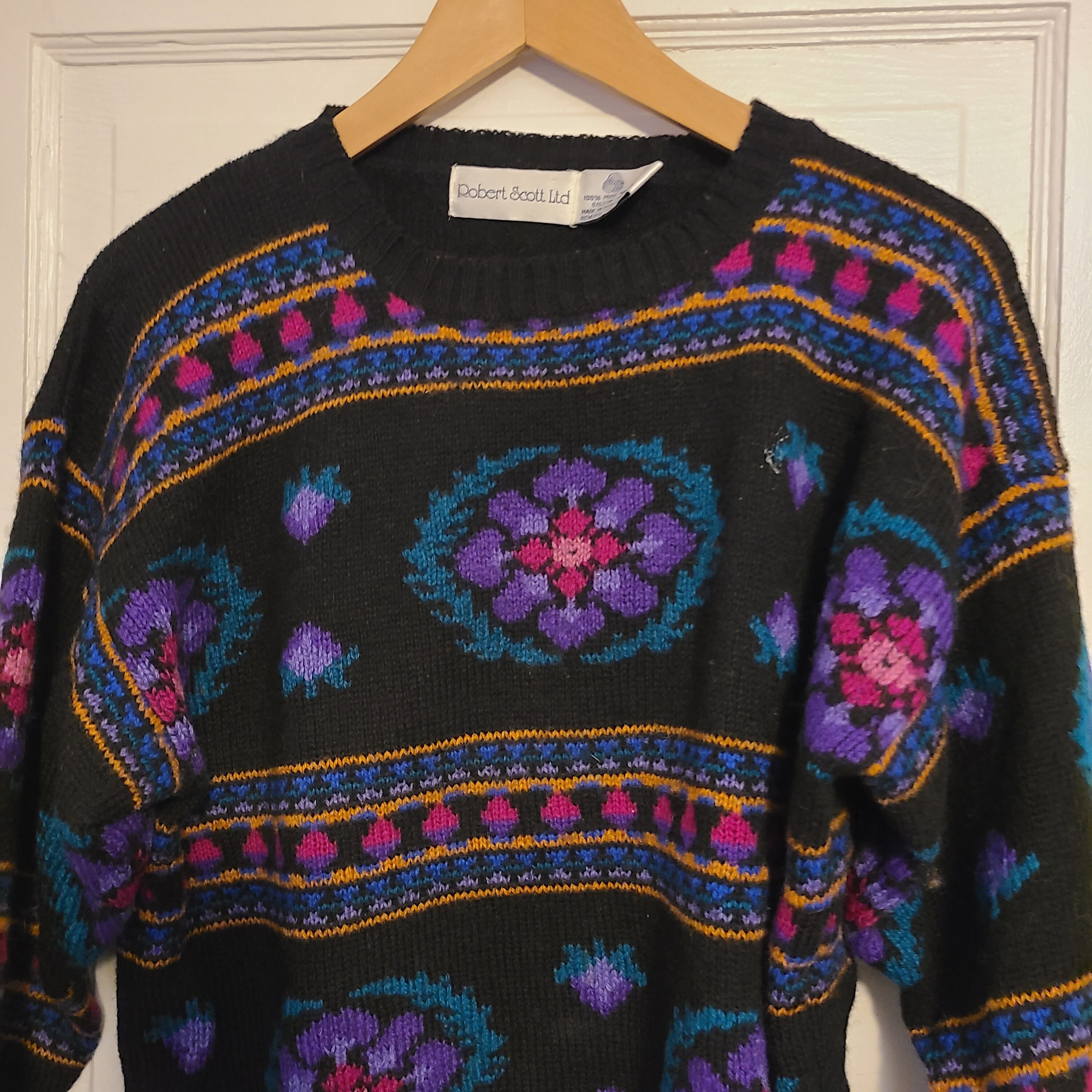 Vintage Women's Robert Scott Ltd Black Bright Floral Knit Sweater