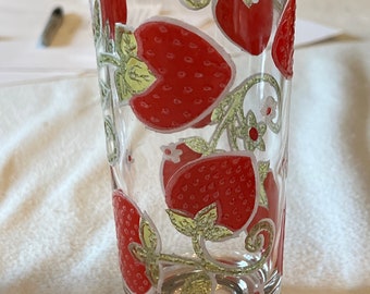 1950s 50s Strawberries Drinking Glass Thick Bottom Raised Images