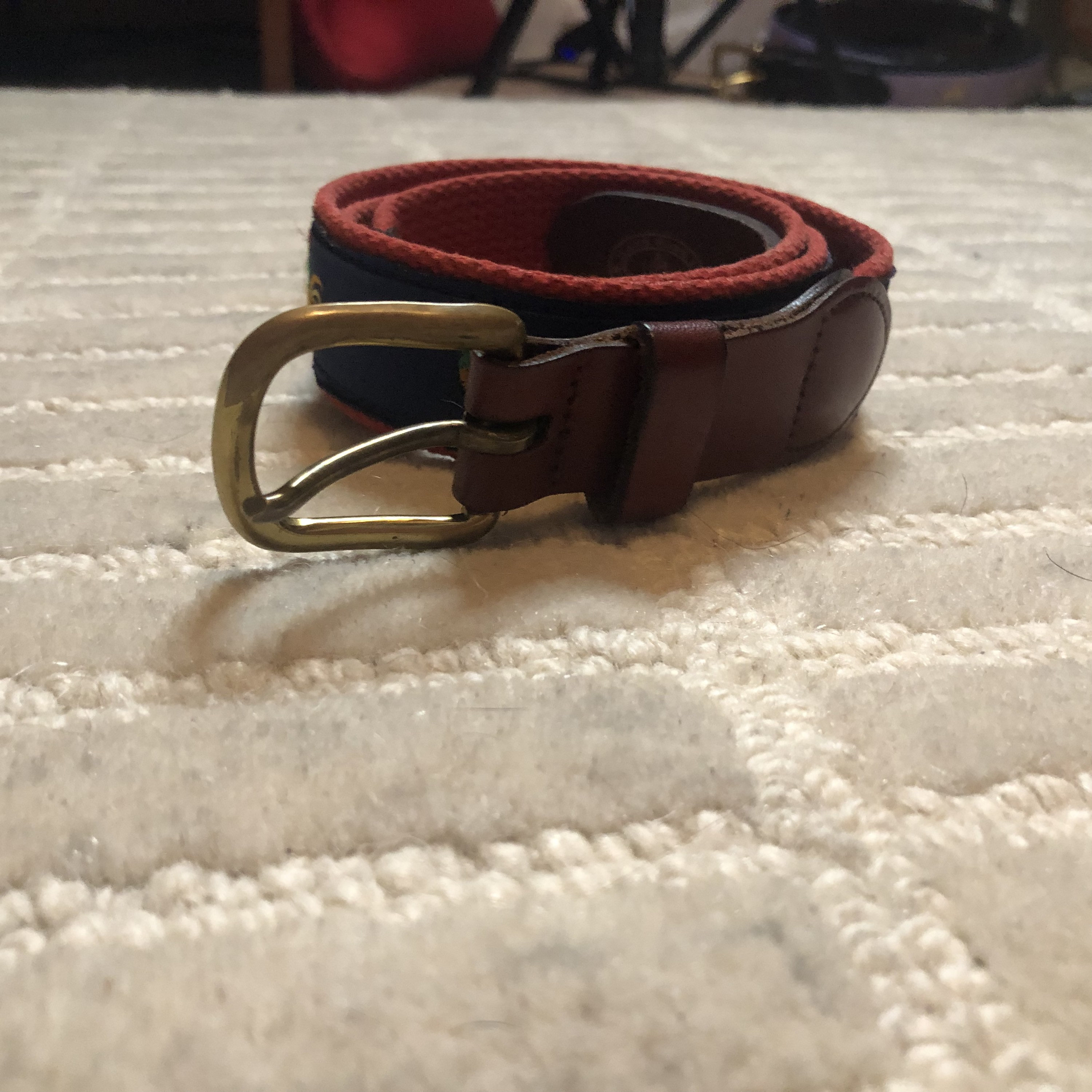 Vintage 70’s White Steerhide Leather Belt Red Navy Blue Hexaogn Inlays Size 34 Embroidered Belt (Red/White/Blue) main image 2