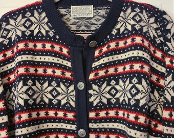 Klasyczny damski sweter kardigan Pendleton zapinany na guziki, dzianinowy, niebiesko-czerwony sweter w płatki śniegu, rozmiar L, 100% czystej dziewiczej wełny, wyprodukowano w USA