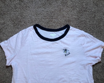 Vintage 90s Old Navy Womans Bee Kind T-shirt S Pink Embroidered Blue Yellow Bee Vietnam Cotton Solid Short Sleeve Round Neck Baseball Ter