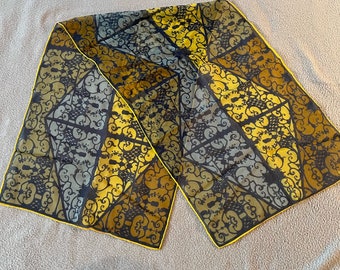 Vintage 60s VERA Scarf VERA Neumann Sheer Scarf Rectangle Graphic Design Yellow Gold Navy Green Rolled Edges