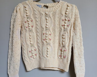Maglione vintage da donna Barbara Hodes for Needleworks in maglia avorio con fiori rosa, 100% cotone, taglia Large *sembra una taglia S/M
