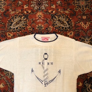 Vintage Coach in Four Seasons Womans  Pullover Sweater M  Blue White Nautical Hong Kong Linen Cotton Blend Applique Anchor Rhinestones