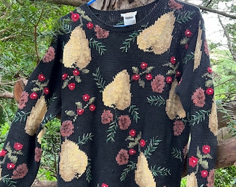 Maglione vintage anni '90 Talbots S lavorato a mano in autunno Swester Pears Flowers nero rosso verde misto lino e cotone