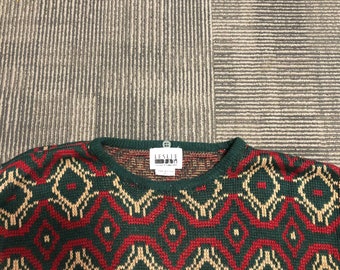 Vintage 80s Leslie Fay Sportswear Womans Knit Sweater Green Red Tan Korea Geometric Long Sleeve Crew Neck Distressed