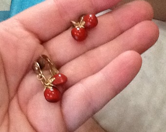 Vintage Clip On Earrings Drop Earrings made From Red Seeds Gold Accents