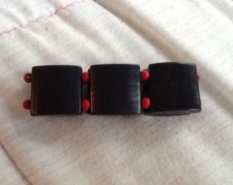 Vintage Wooden Beaded Bracelet on Elastic Black and Red Beads