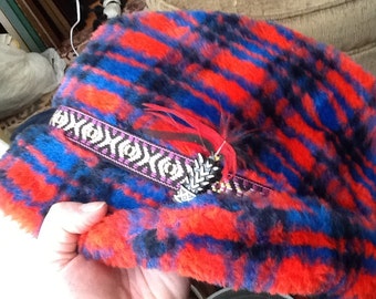Vintage Men&#39;s Winter Hat Winter Cap Red Blue and Black With Ribbon Band In Purple, Pink and Yellow