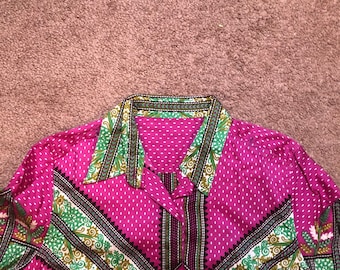 Vintage 70s 80s Unbranded Woman’s Button Up Blouse Top S Purple Fushia Green Batik Geometric Leaves Polka Dots Collared Long Sleeve
