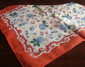 Vintage Cotton Hankie White and Tan with Blue Bell and Yellow Flowers