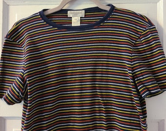 Vintage Women's Jones New York Shirt Size Medium Navy Colorful Horiztonal Stripes Short-Sleeved Crew Neckline Blouse 100% Cotton