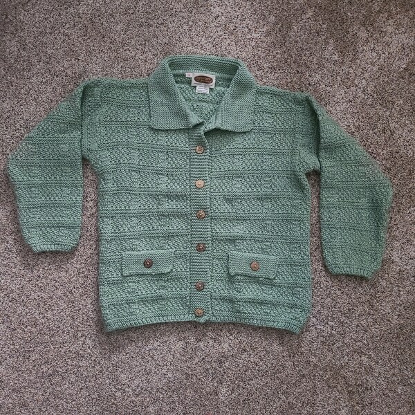 Vintage Sweaters of Ireland women's medium green merino wool cable-knit button up sweater with collar made in Ireland