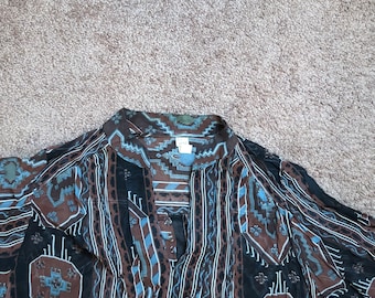 Vintage 60s Unbranded Woman’s Pullover Blouse 11/12 Sheer black/brown/blue Geometric Boho Design Long Sleeve V-Neck