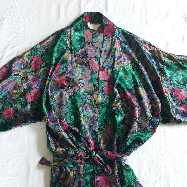 VINTAGE 70s Inner Most Robe One Size Fots All Paisley Dressing Gown Kimono Black Teal Pink Purple Gold Floral