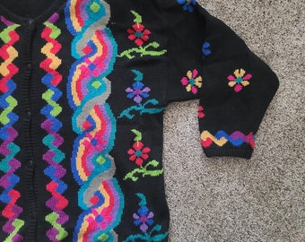 Vintage Cardigan Sweater Kitty Hawk Vivian Wang M Black & Neon Knit Sweater Colorful Graphic Design