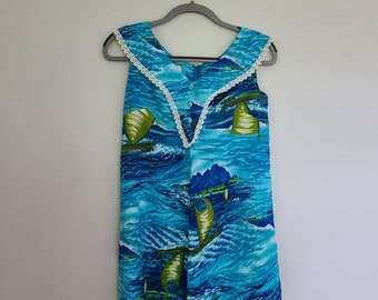 Abito lungo da donna vintage Reef Hawaii anni '60 blu onda verde barca a vela design pizzo finiture con scollo a V colletto senza maniche alla caviglia orlo cerniera posteriore