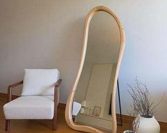 Wavy Wooden Full Length Mirror, Irregular Wood Frame Body Mirror, Minimalist Home Decor