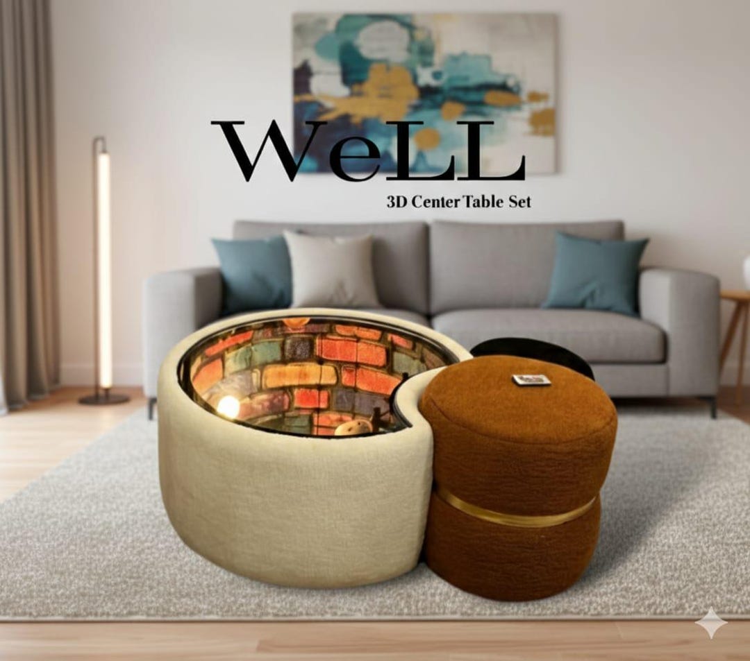 3D Well Coffee Table Set, Faux Fur Ottoman, Glass Top, Modern Living ...