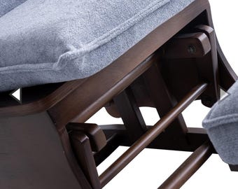 Mecedora deslizante de madera oscura con otomana, mueble auxiliar moderno para habitación infantil.