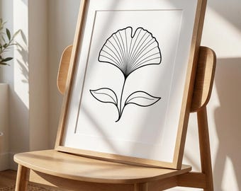 Arte minimalista de líneas - Lámina artística de hoja de ginkgo biloba - Estilo japonés Wabi Sabi