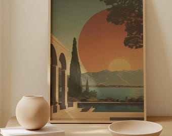 Cartel turístico del lago de Garda, Italia: Arte paisajístico italiano de mediados de siglo.