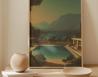 Póster de viaje del lago Como, Italia: Impresión giclée vintage de mediados de siglo.