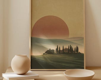 Póster de viaje vintage de la Toscana: Arte de paisaje campestre al atardecer