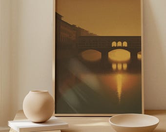 Lámina de Florencia Ponte Vecchio: Póster de viaje vintage al atardecer en Italia