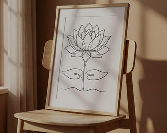 Arte minimalista de líneas - Lámina artística de flor de loto - Estilo japonés Wabi Sabi