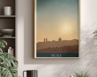 Póster de viaje "Atardecer en Sicilia": Lámina de arte mediterráneo vintage