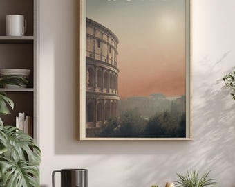 Póster de viaje vintage de Roma: Lámina artística del Coliseo de mediados de siglo