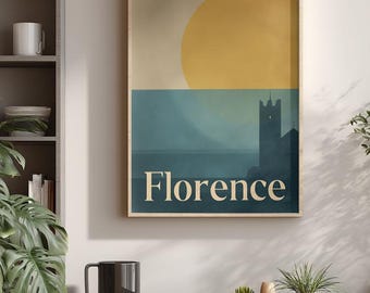 Póster de viaje de Florencia, Italia: Lámina artística moderna de mediados de siglo con sol y torre.