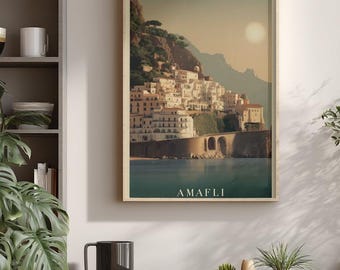 Póster de viaje de la Costa Amalfitana, Italia: Lámina artística vintage de la Riviera italiana